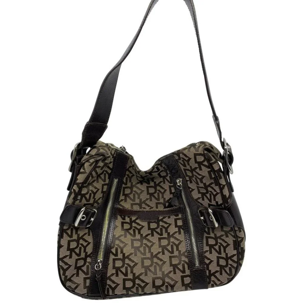 DKNY Brown Tan All Over Logo Fabric Hobo Bag
